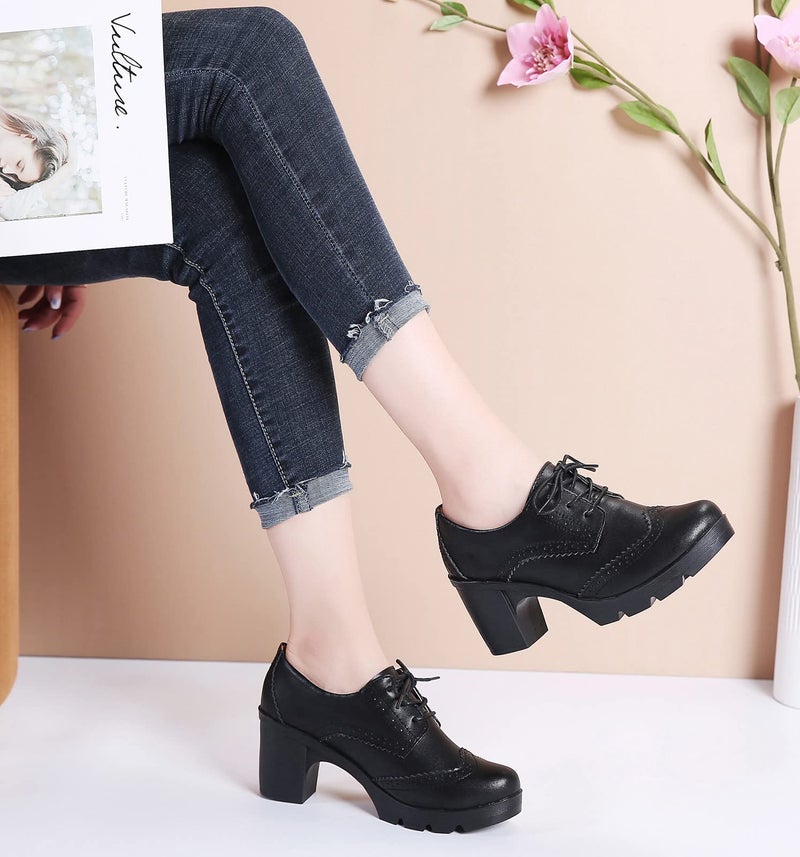 DADAWEN Women's Classic T-Strap Platform Mid-Heel Square Toe Oxfords Dress Shoes Black US Size 7 - Image 2